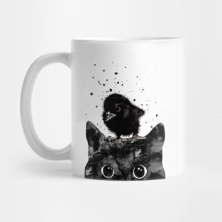 Peeking cat and dangerous baby raven Mug
